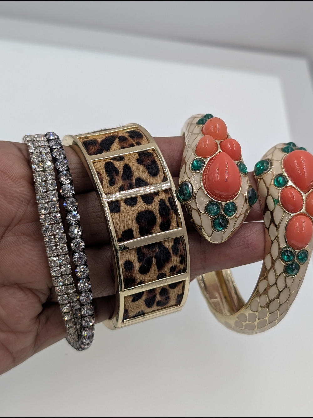 Gold Leopard Print and Coral Gem Snake Cuff Bracelet Set 0206